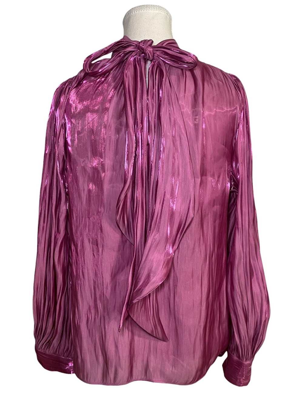 Aveloria Metallic Magenta Pleated
Long Sleeve Bow Neck Blouse - Picture 2 of 16